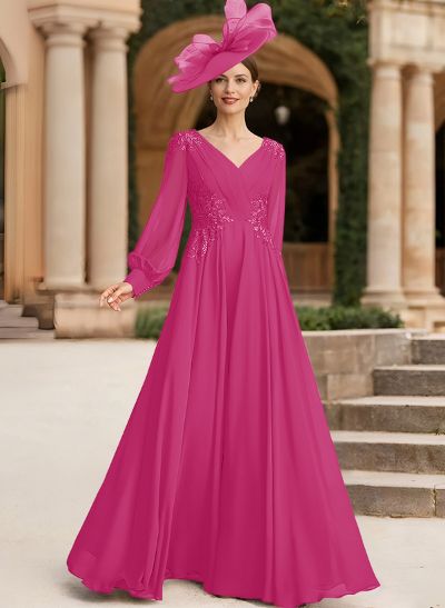 A-Line V-Neck Long Sleeves Chiffon Mother Of The Bride Dresses With Lace