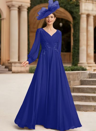 A-Line V-Neck Long Sleeves Chiffon Mother Of The Bride Dresses With Lace