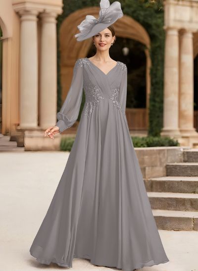 A-Line V-Neck Long Sleeves Chiffon Mother Of The Bride Dresses With Lace