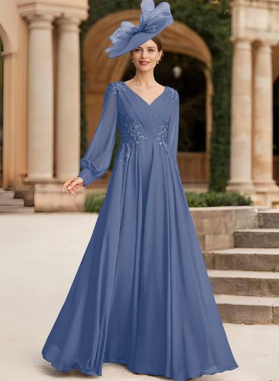 A-Line V-Neck Long Sleeves Chiffon Mother Of The Bride Dresses With Lace