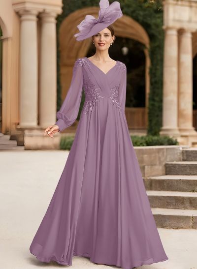 A-Line V-Neck Long Sleeves Chiffon Mother Of The Bride Dresses With Lace