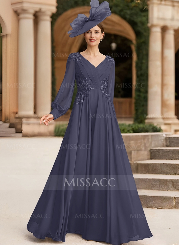 A-Line V-Neck Long Sleeves Chiffon Mother Of The Bride Dresses With Lace