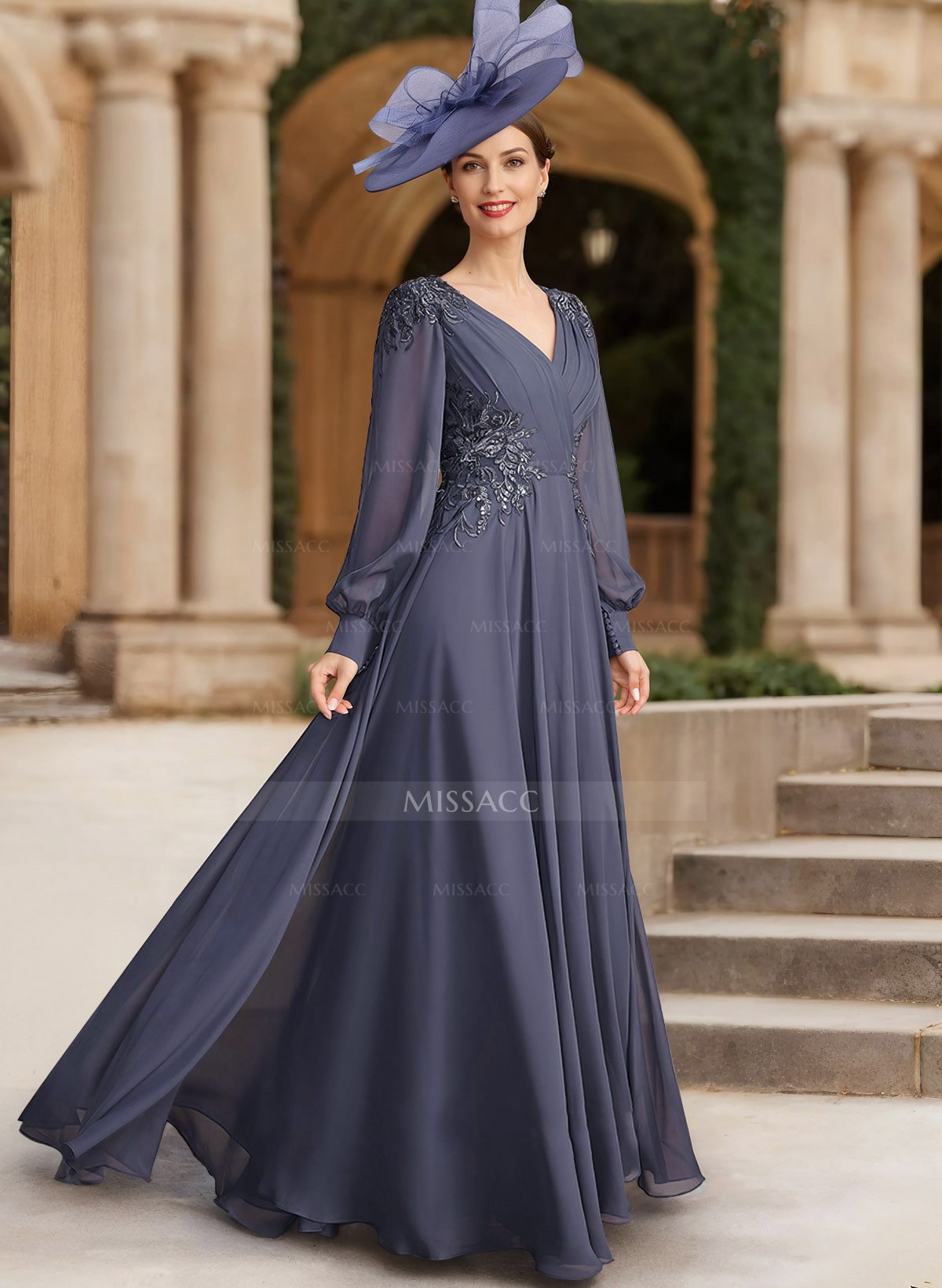 A-Line V-Neck Long Sleeves Chiffon Mother Of The Bride Dresses With Lace