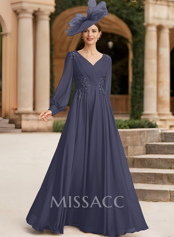 A-Line V-Neck Long Sleeves Chiffon Mother Of The Bride Dresses With Lace A-Line V-Neck Long Sleeves Chiffon Mother Of The Bride Dresses With Lace