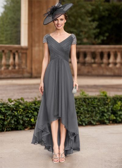 A-Line V-Neck Short Sleeves Asymmetrical Chiffon Mother Of The Bride Dresses
