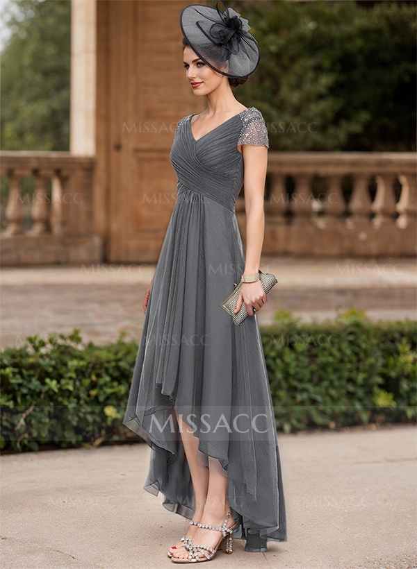 A-Line V-Neck Short Sleeves Asymmetrical Chiffon Mother Of The Bride Dresses