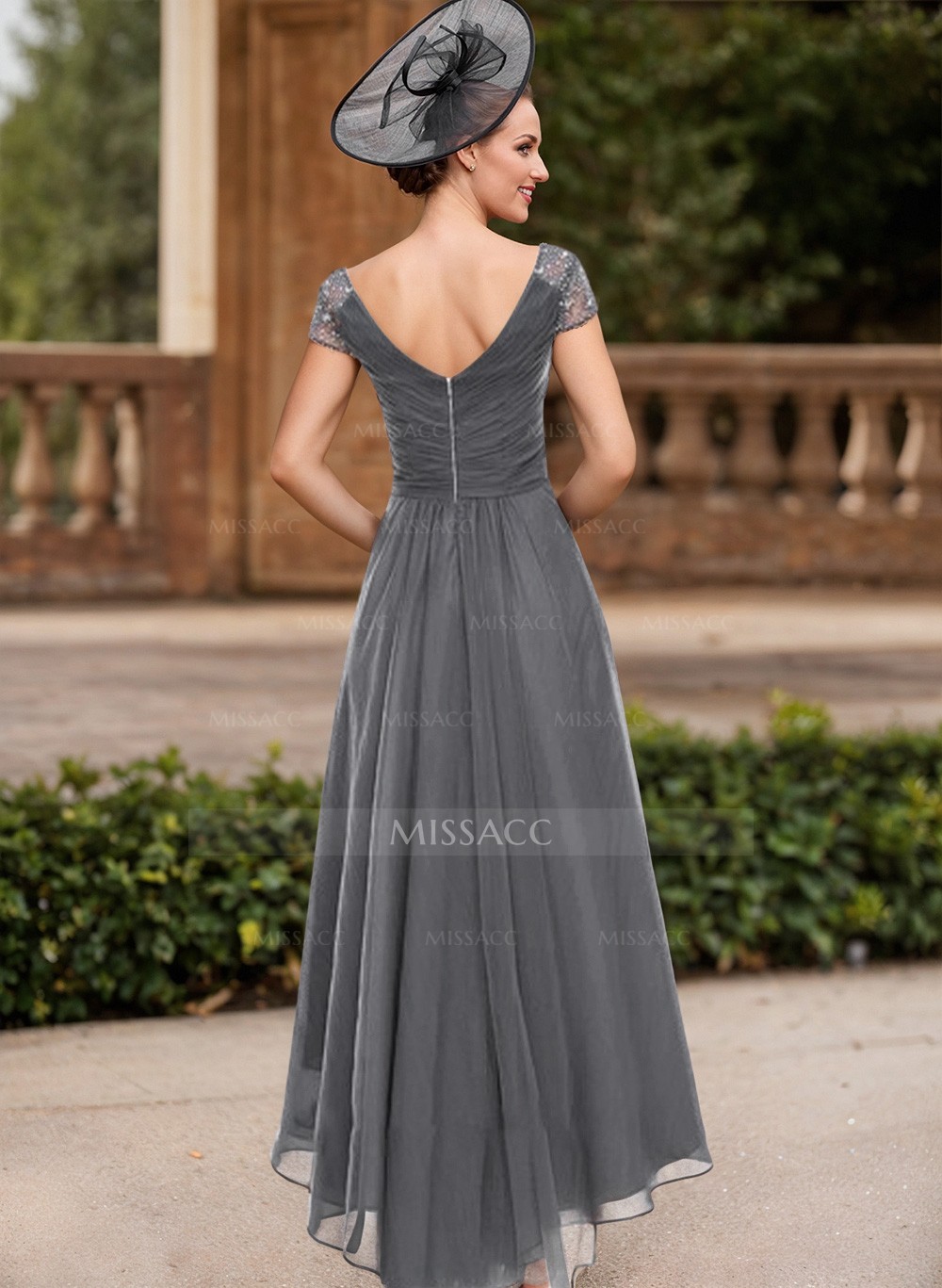 A-Line V-Neck Short Sleeves Asymmetrical Chiffon Mother Of The Bride Dresses