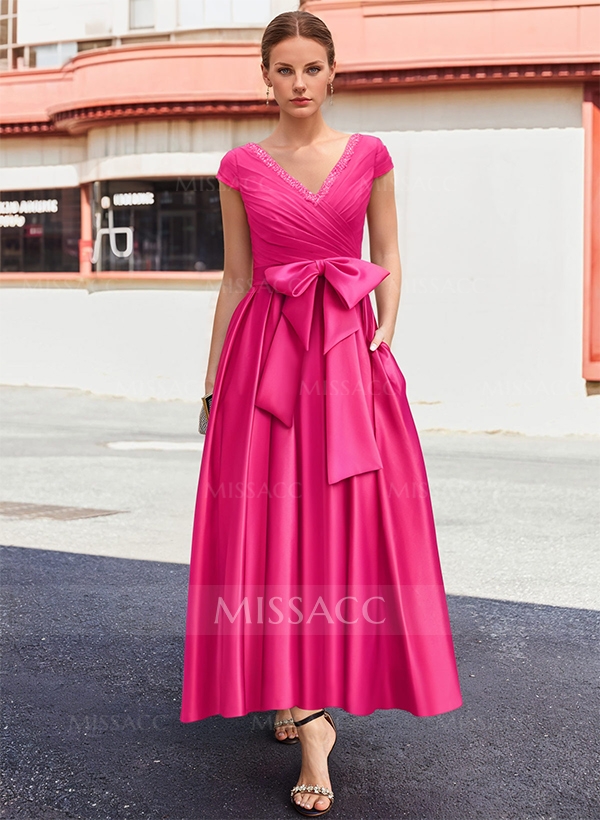 A-Line V-Neck Sleeveless Satin Mother Of The Bride Dresses With Bow(s)/Pockets