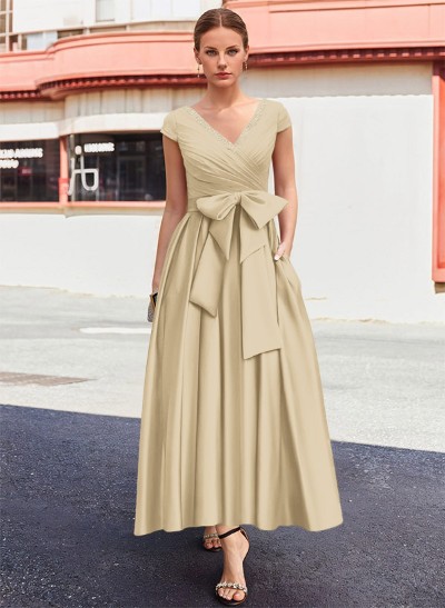 A-Line V-Neck Sleeveless Satin Mother Of The Bride Dresses With Bow(s)/Pockets