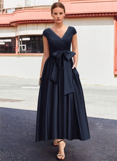 A-Line V-Neck Sleeveless Satin Mother Of The Bride Dresses With Bow(s)/Pockets