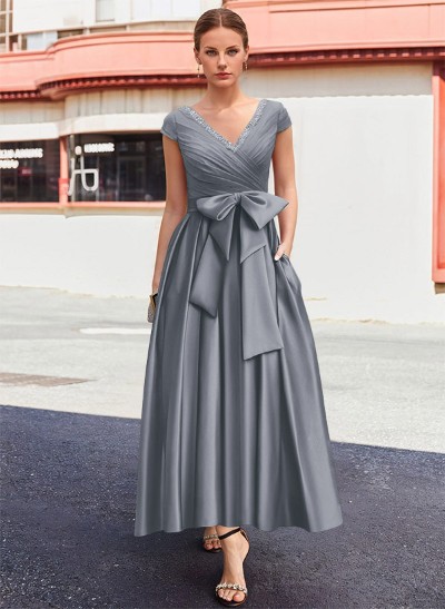 A-Line V-Neck Sleeveless Satin Mother Of The Bride Dresses With Bow(s)/Pockets