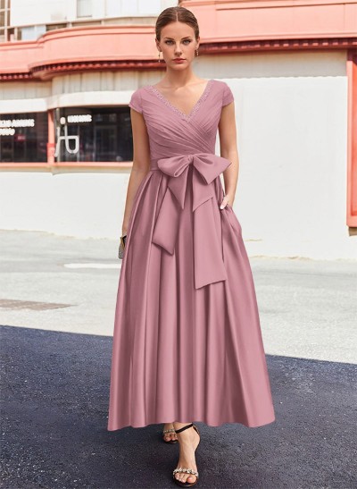 A-Line V-Neck Sleeveless Satin Mother Of The Bride Dresses With Bow(s)/Pockets