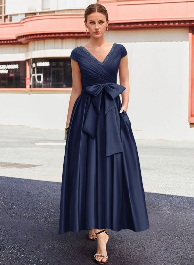 A-Line V-Neck Sleeveless Satin Mother Of The Bride Dresses With Bow(s)/Pockets
