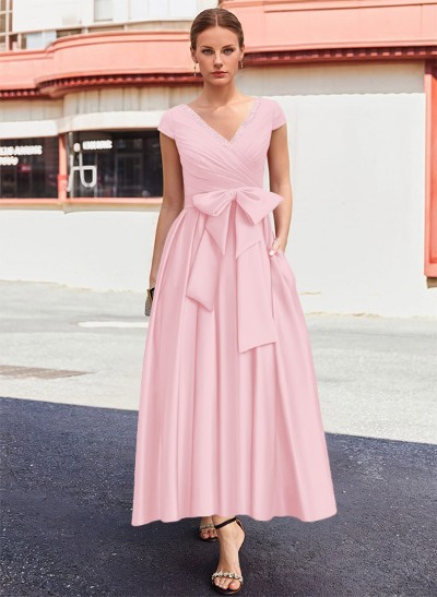 A-Line V-Neck Sleeveless Satin Mother Of The Bride Dresses With Bow(s)/Pockets