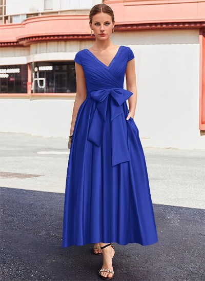 A-Line V-Neck Sleeveless Satin Mother Of The Bride Dresses With Bow(s)/Pockets