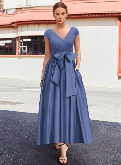 A-Line V-Neck Sleeveless Satin Mother Of The Bride Dresses With Bow(s)/Pockets