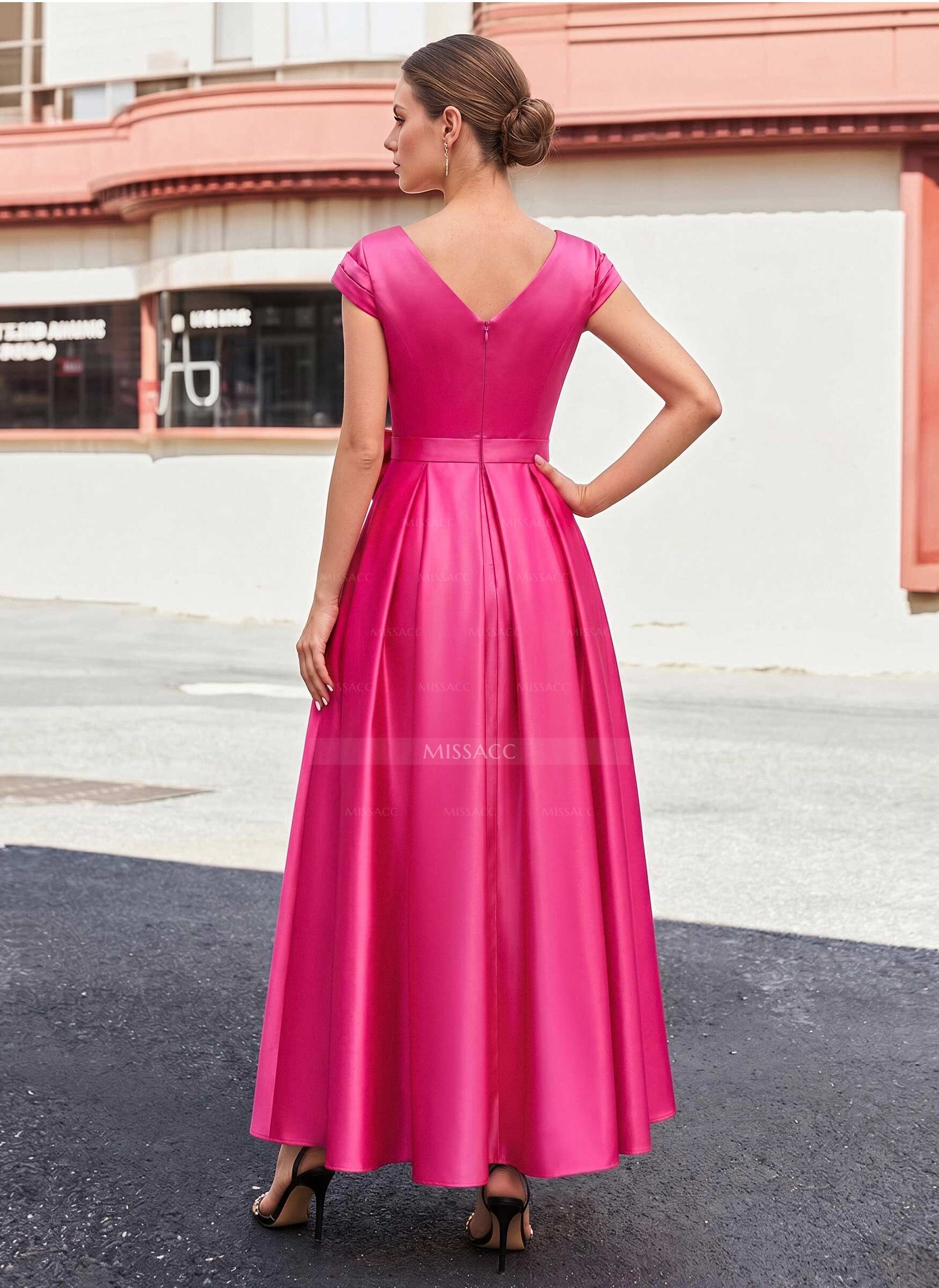 A-Line V-Neck Sleeveless Satin Mother Of The Bride Dresses With Bow(s)/Pockets