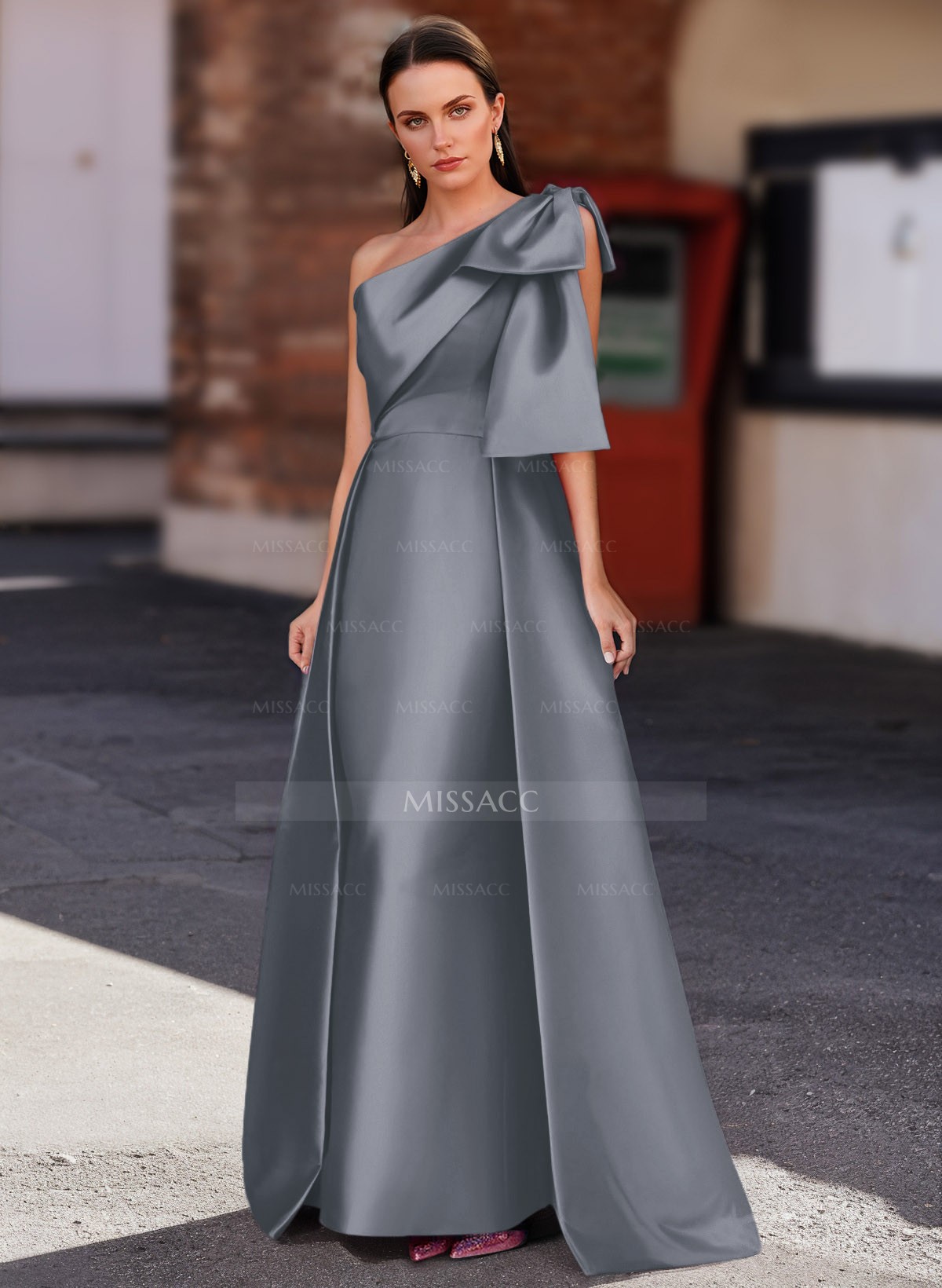 ワンピース MAYC Front short back long dress Fuchsia May Queen MQ2003 One Shoulder Embellished Prom Side
