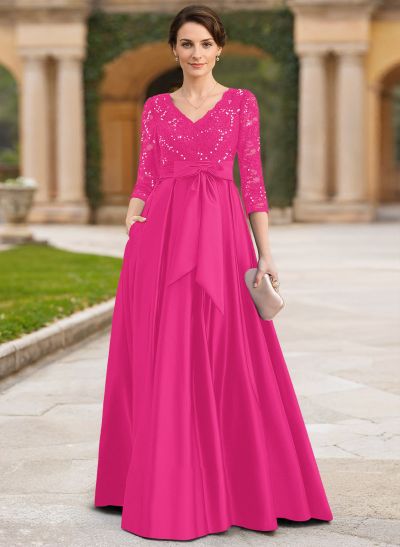 A-Line V-Neck 3/4 Sleeves Satin Mother Of The Bride Dresses With Bow(s)/Lace