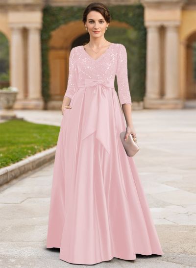 A-Line V-Neck 3/4 Sleeves Satin Mother Of The Bride Dresses With Bow(s)/Lace