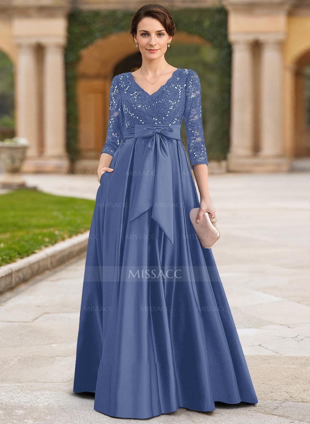 【BAU】MICHAEL V-Neck Ribbon Long Dress 2 Colors Exquisite Plunge Neck Floral Embroidered Sleeves Chiffon