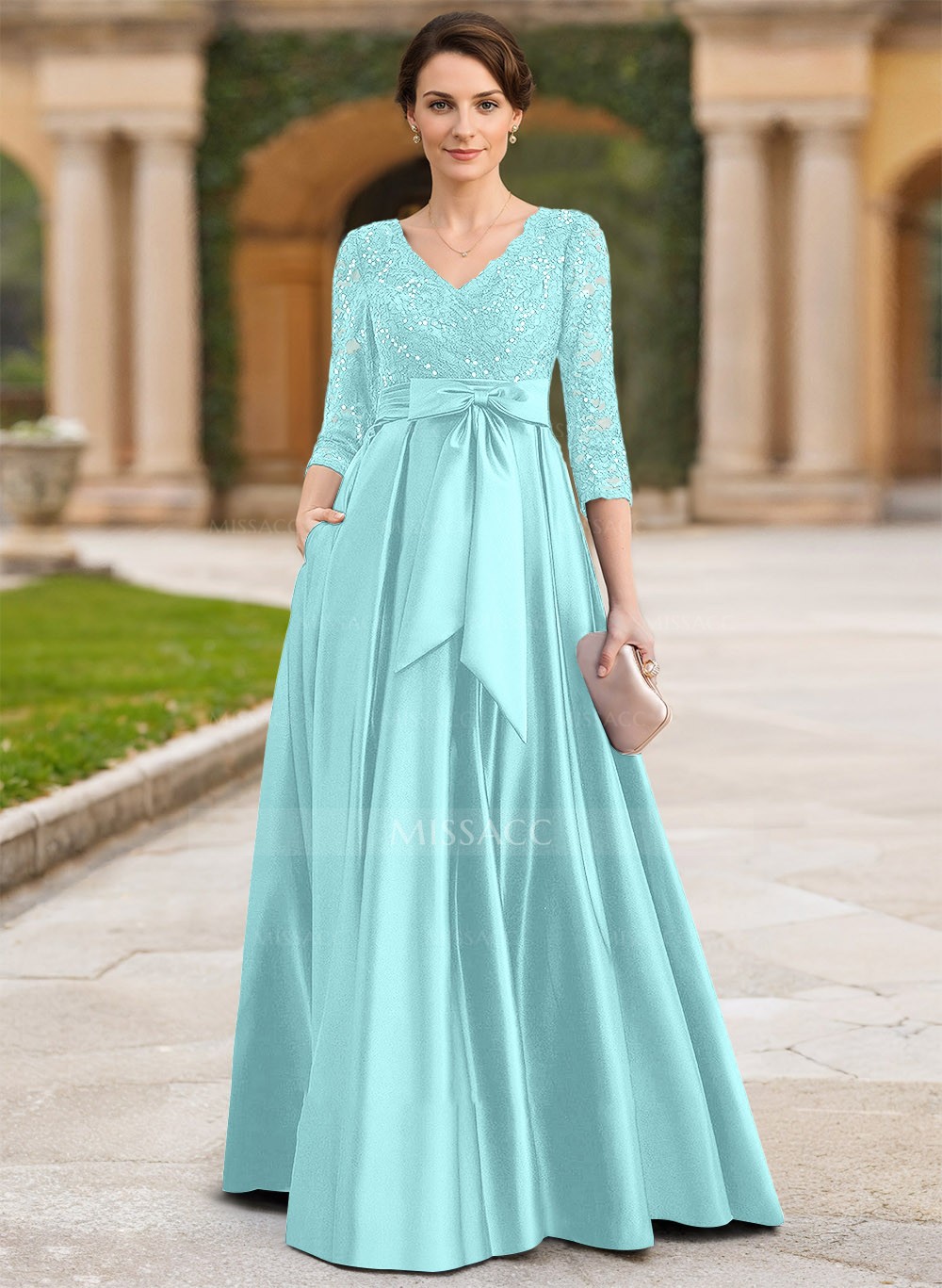 A-Line V-Neck 3/4 Sleeves Satin Mother Of The Bride Dresses