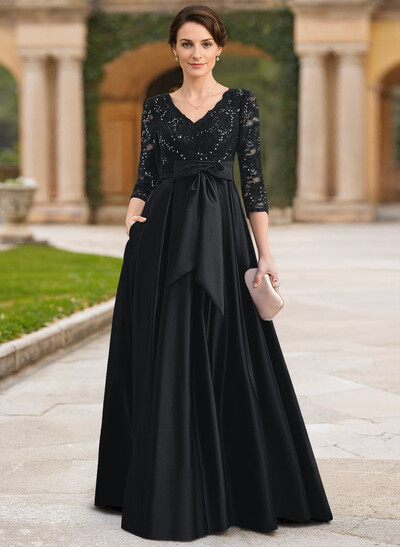 A-Line V-Neck 3/4 Sleeves Satin Mother Of The Bride Dresses With Bow(s)/Lace