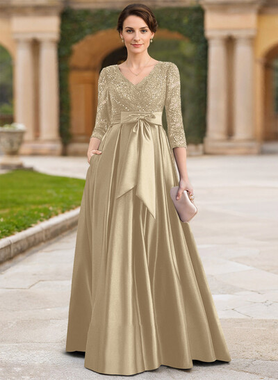 A-Line V-Neck 3/4 Sleeves Satin Mother Of The Bride Dresses With Bow(s)/Lace