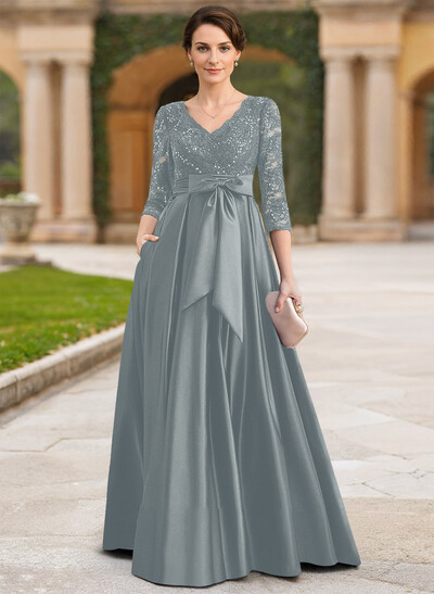 A-Line V-Neck 3/4 Sleeves Satin Mother Of The Bride Dresses With Bow(s)/Lace