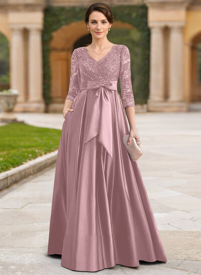 A-Line V-Neck 3/4 Sleeves Satin Mother Of The Bride Dresses With Bow(s)/Lace