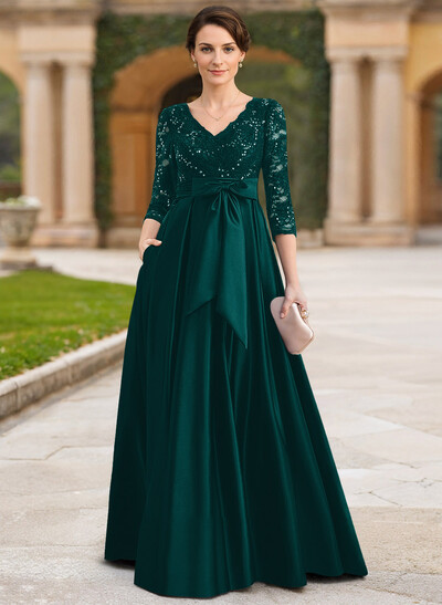 A-Line V-Neck 3/4 Sleeves Satin Mother Of The Bride Dresses With Bow(s)/Lace