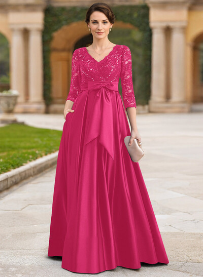 A-Line V-Neck 3/4 Sleeves Satin Mother Of The Bride Dresses With Bow(s)/Lace