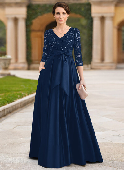 A-Line V-Neck 3/4 Sleeves Satin Mother Of The Bride Dresses With Bow(s)/Lace