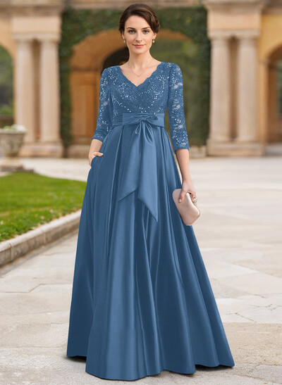 A-Line V-Neck 3/4 Sleeves Satin Mother Of The Bride Dresses With Bow(s)/Lace