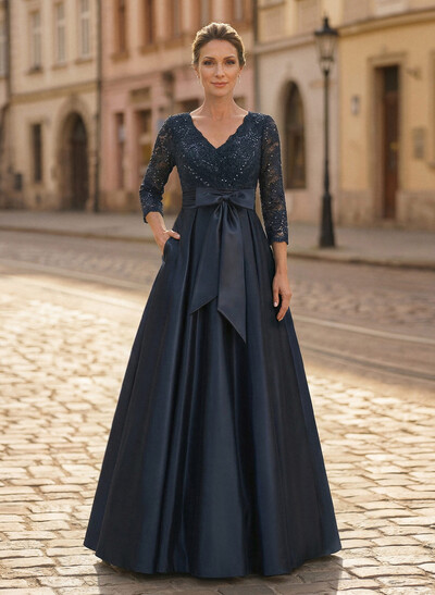 A-Line V-Neck 3/4 Sleeves Satin Mother Of The Bride Dresses With Bow(s)/Lace