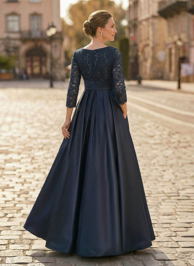 A-Line V-Neck 3/4 Sleeves Satin Mother Of The Bride Dresses With Bow(s)/Lace
