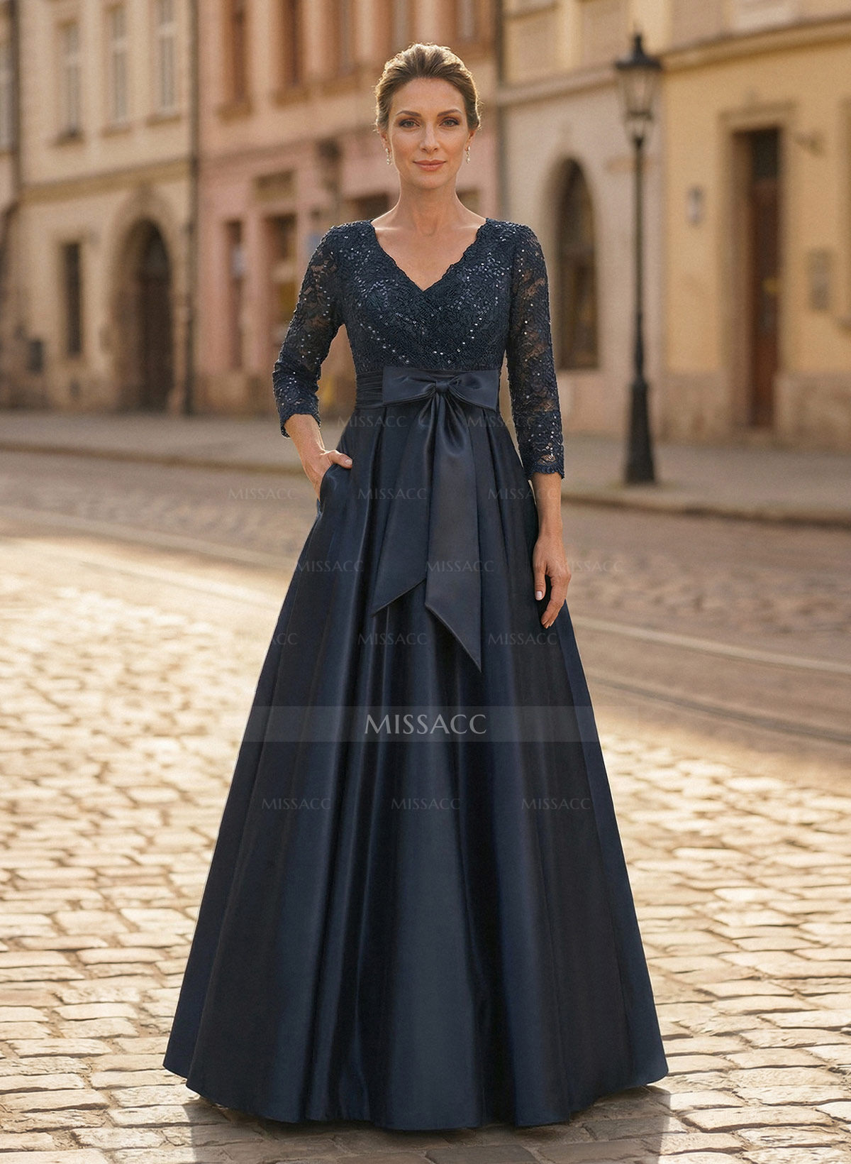 A-Line V-Neck 3/4 Sleeves Satin Mother Of The Bride Dresses With Bow(s)/Lace