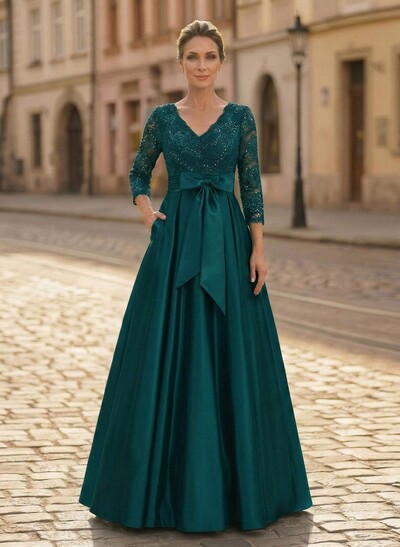 A-Line V-Neck 3/4 Sleeves Satin Mother Of The Bride Dresses With Bow(s)/Lace