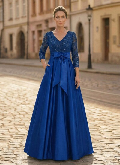 A-Line V-Neck 3/4 Sleeves Satin Mother Of The Bride Dresses With Bow(s)/Lace