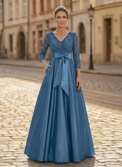 A-Line V-Neck 3/4 Sleeves Satin Mother Of The Bride Dresses With Bow(s)/Lace