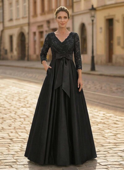 A-Line V-Neck 3/4 Sleeves Satin Mother Of The Bride Dresses With Bow(s)/Lace