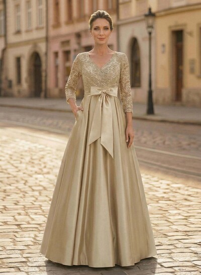 A-Line V-Neck 3/4 Sleeves Satin Mother Of The Bride Dresses With Bow(s)/Lace