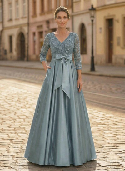 A-Line V-Neck 3/4 Sleeves Satin Mother Of The Bride Dresses With Bow(s)/Lace