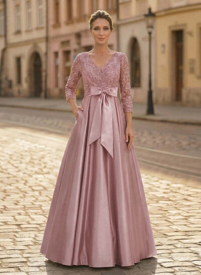 A-Line V-Neck 3/4 Sleeves Satin Mother Of The Bride Dresses With Bow(s)/Lace