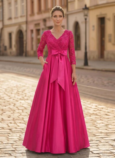 A-Line V-Neck 3/4 Sleeves Satin Mother Of The Bride Dresses With Bow(s)/Lace
