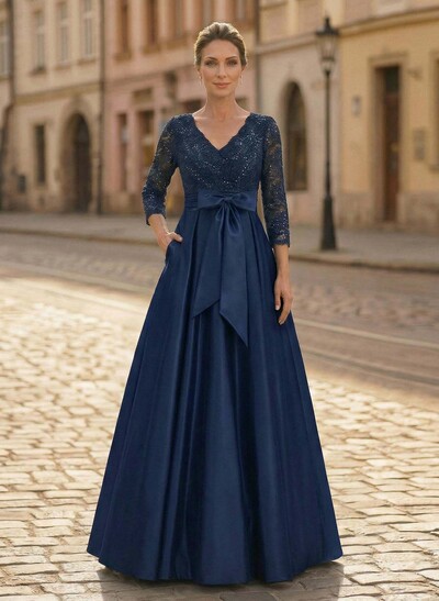 A-Line V-Neck 3/4 Sleeves Satin Mother Of The Bride Dresses With Bow(s)/Lace