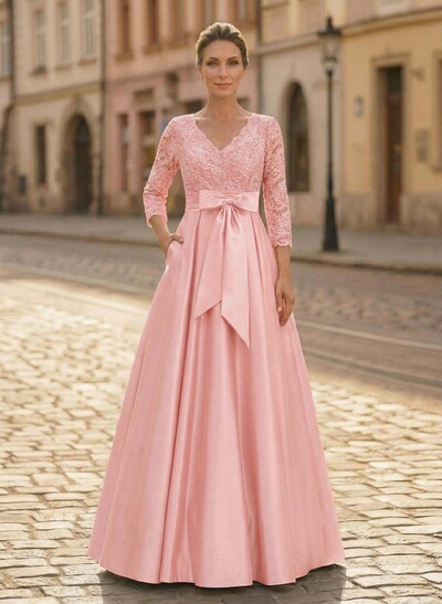 A-Line V-Neck 3/4 Sleeves Satin Mother Of The Bride Dresses With Bow(s)/Lace