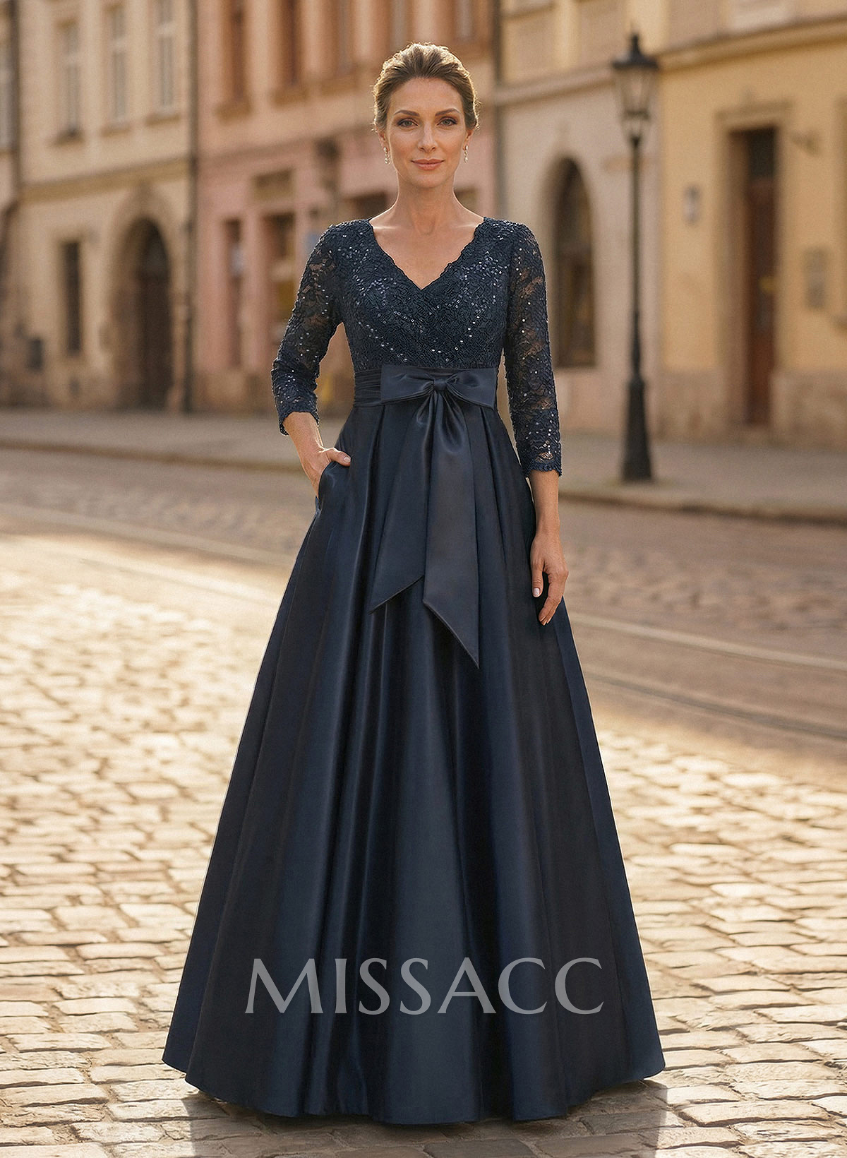 A-Line V-Neck 3/4 Sleeves Satin Mother Of The Bride Dresses With Bow(s)/Lace