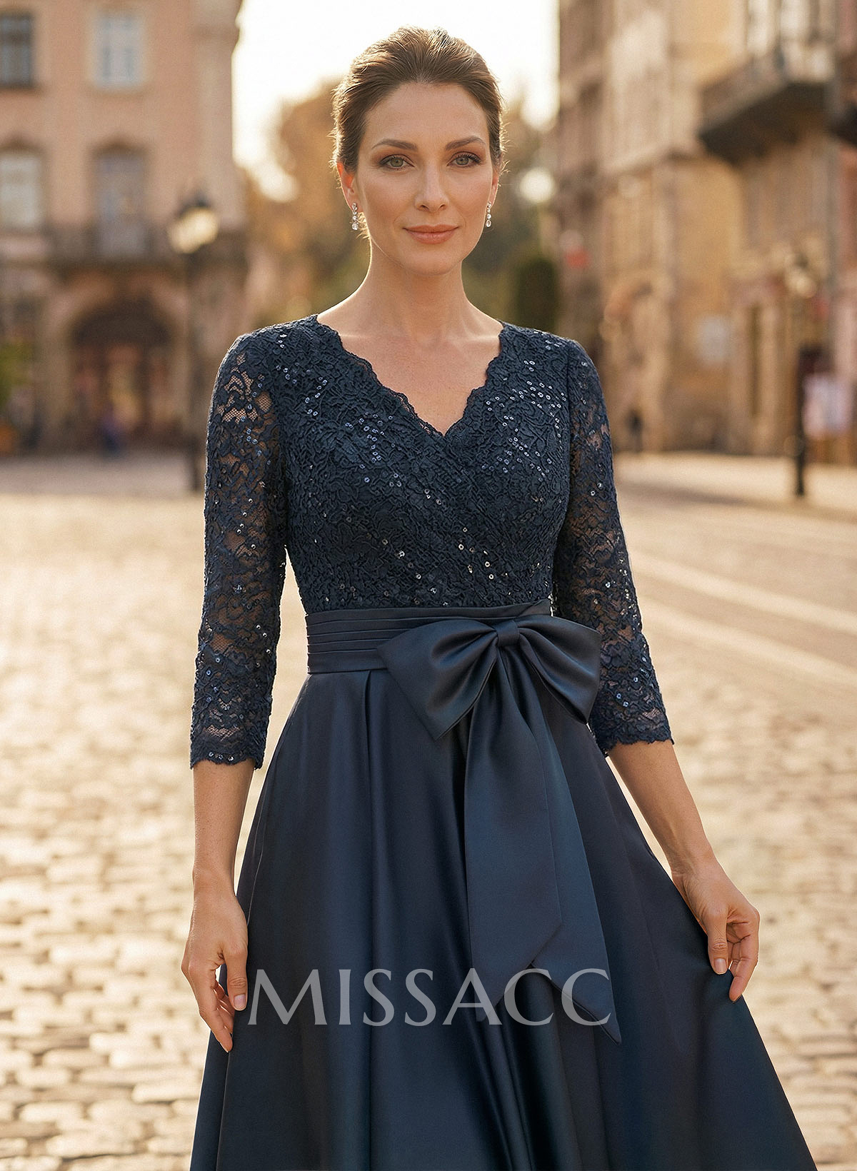 A-Line V-Neck 3/4 Sleeves Satin Mother Of The Bride Dresses With Bow(s)/Lace