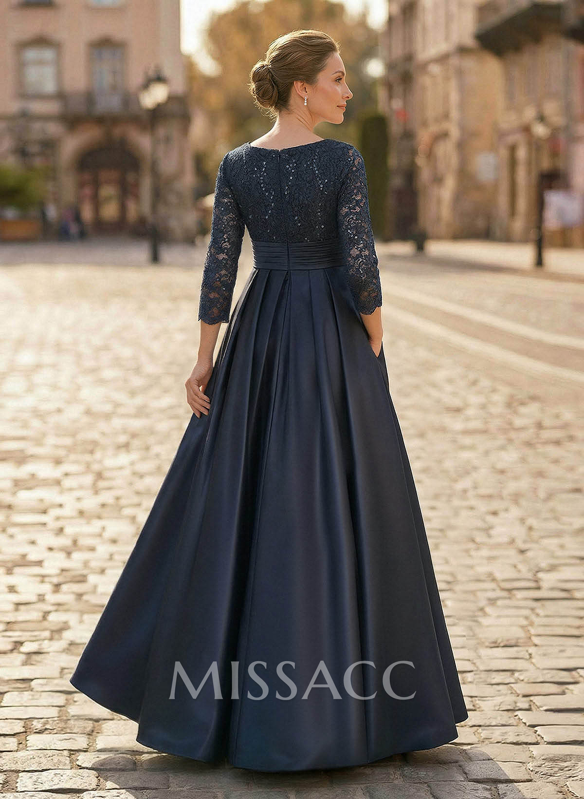 A-Line V-Neck 3/4 Sleeves Satin Mother Of The Bride Dresses With Bow(s)/Lace